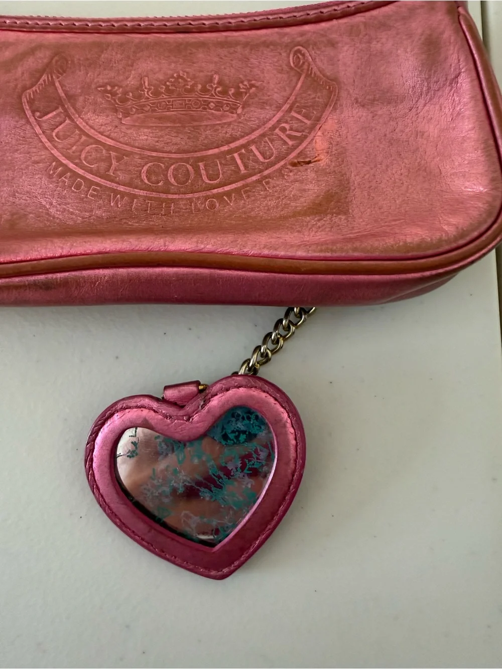 Juicy Couture Y2K Pink Metallic Leather Wristlet Clutch Heart Mirror Charm